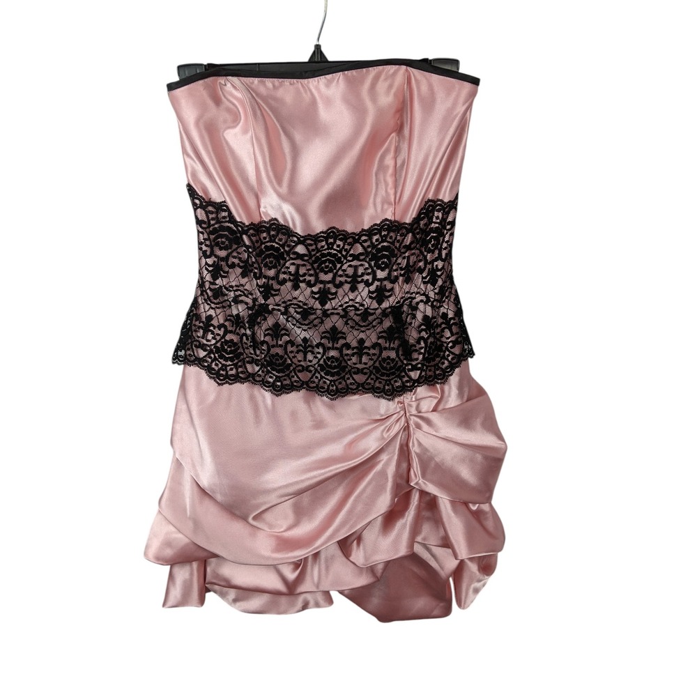 Jessica McClintock Gunne Sax Pink Satin Black Lace Strapless Bubble Mini Dress 5